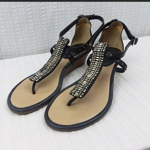 Frye “Penny Beaded” leather t strap wedge sandals